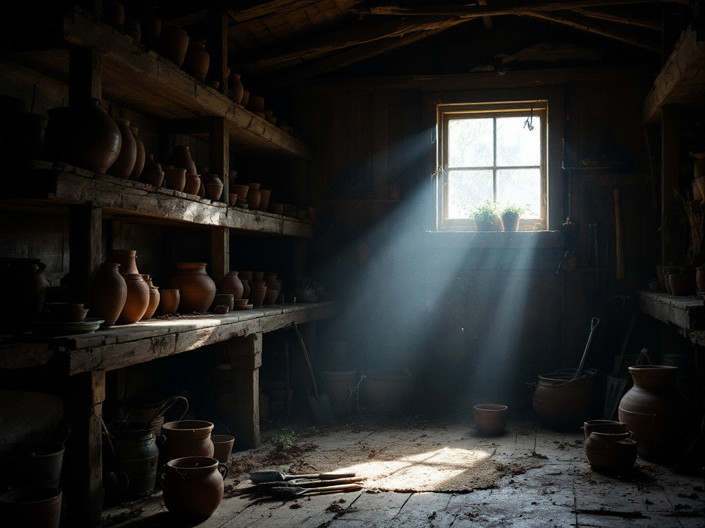 Intérieur sombre d'une cabane de jardin en bois, rayon de lumière par la fenêtre